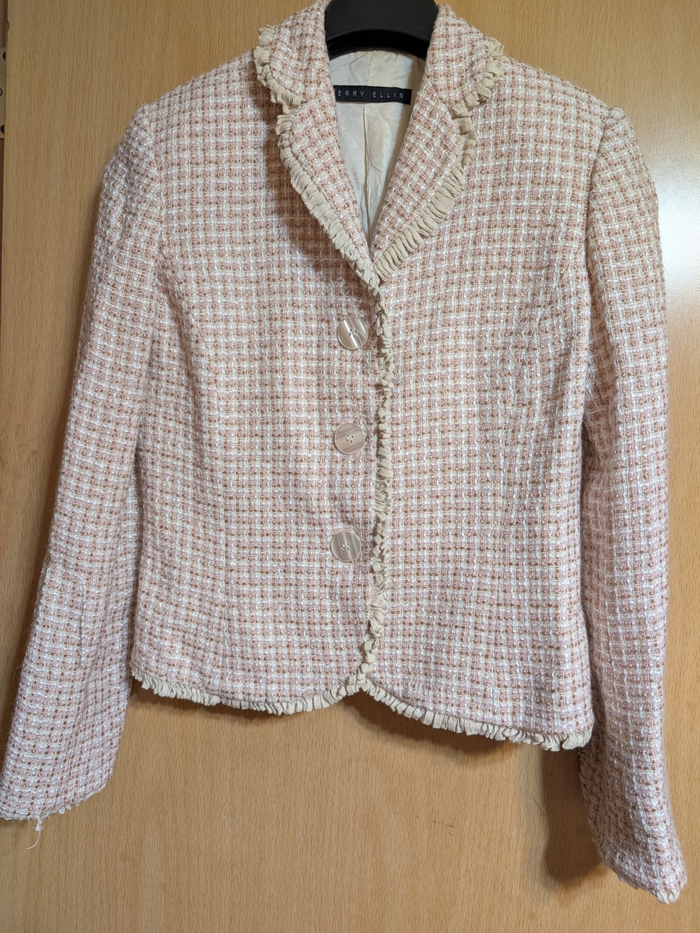 Perry Ellis Pink & Cream Tweed Fringe Blazer